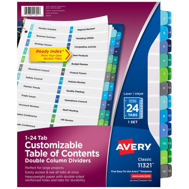 Avery Double Column 24 Tab Dividers for 3 Ring Binders, Customizable Table of Contents, Multicolor Tabs, 1 Set (11321)